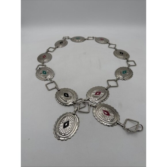 Concho Southwestern Link Belt Metal Western Silver Tone 60" long 2 1/4" wide - Picture 1 of 9